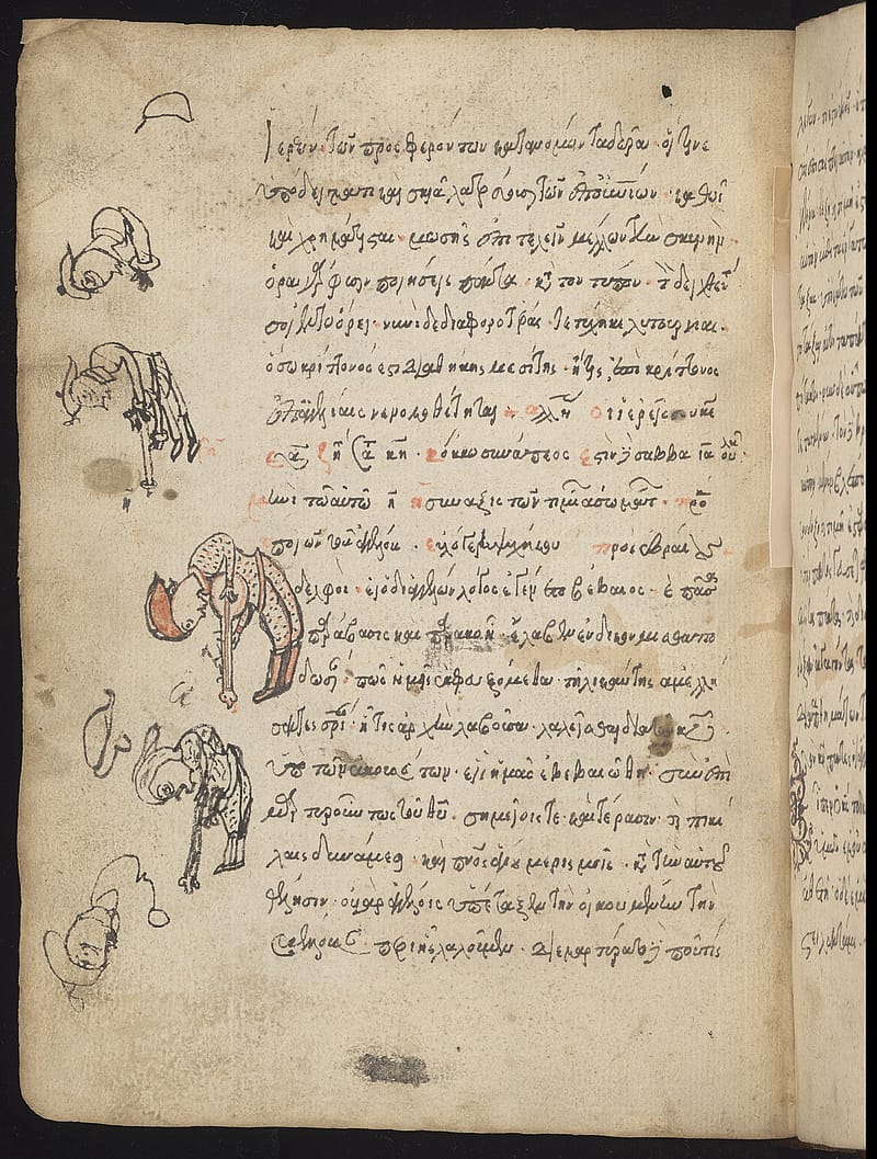 Page from an old book with lines of handwritten text. In the left margin someone has practiced drawing a doodle of a musician bending over with a string instrument. He is wearing a spotted jumpsuit, boots and cap.