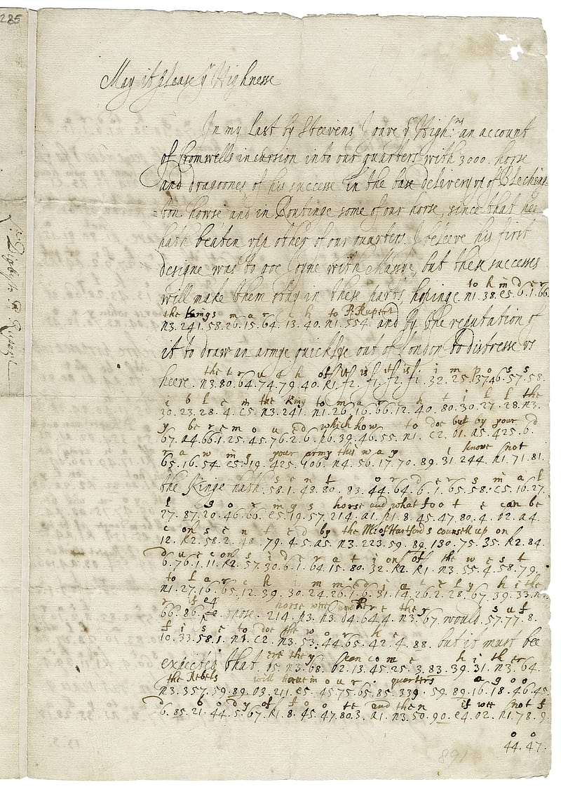 Old, discoloured letter written in indecipherable code.