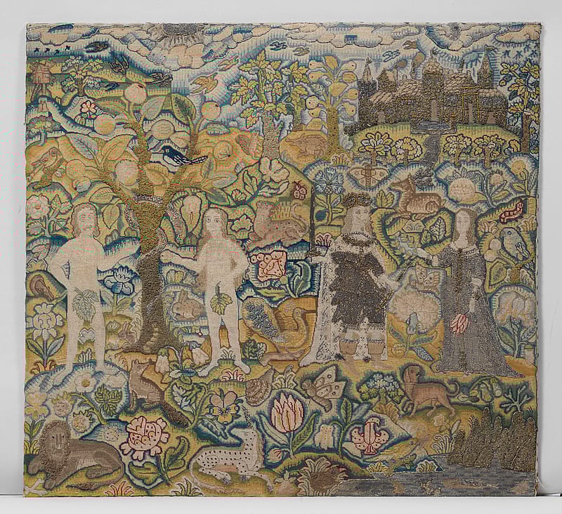 Old embroidery depicitng four figures. The two figures on the left - a man and a woman - are naked, and represent Adam and Eve. The man and woman on the right are dressed in regal outfits. The figures are standing in a landscape with a tree and flowers. In the backgroud there is a castle.