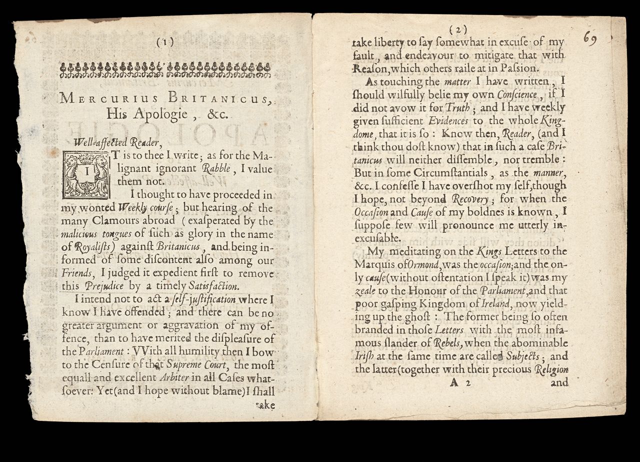 Marchamont Nedham, <em>Mercurius Britanicus, his apologie to all well-affected people. Together with an humble addresse to the High Court of Parliament. Published according to order</em>, London, printed for R.W., 1645, State Library Victoria, Melbourne (RAREEMM 832/13)