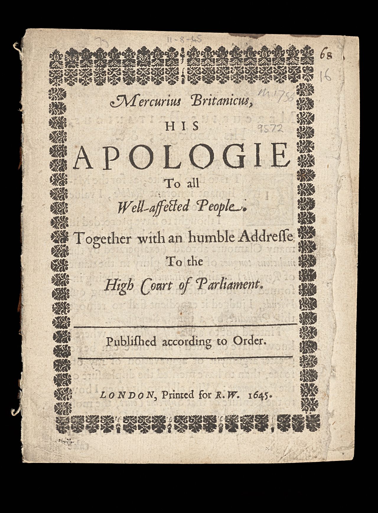 Marchamont Nedham, <em>Mercurius Britanicus, his apologie to all well-affected people. Together with an humble addresse to the High Court of Parliament. Published according to order</em>, London, printed for R.W., 1645, State Library Victoria, Melbourne (RAREEMM 832/13)