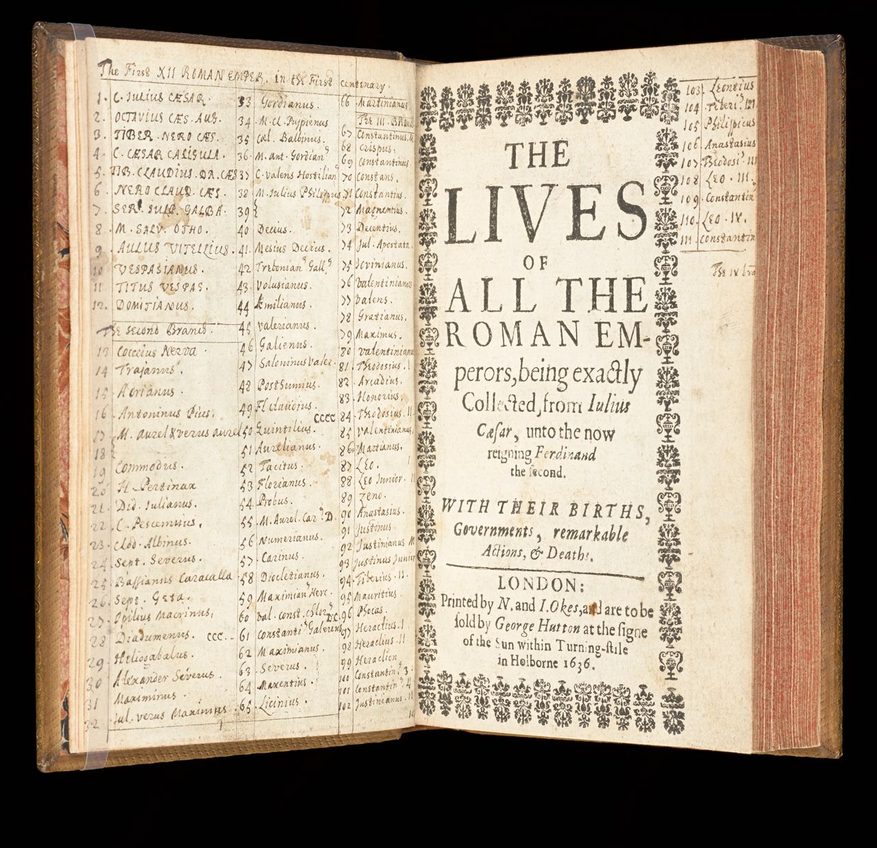 <em>The lives of all the Roman emperors: being exactly collected from Iulius Caesar unto the now reigning Ferdinand the Second...</em>, London, printed by N. and I. Okes, and are to be sold by George Hutton at the Signe of the Sun within Turning-Stile in Holborne, 1636, State Library Victoria, Melbourne (RAREEMM 114/4)